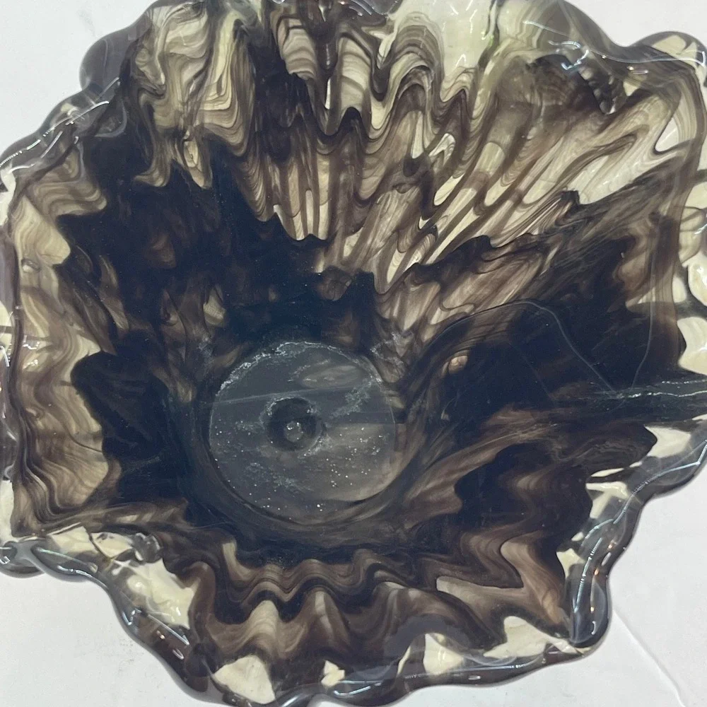 VTG Murano Style‎ Handkerchief Art Glass Vase Brown Swirl Ruffle Hand Blown